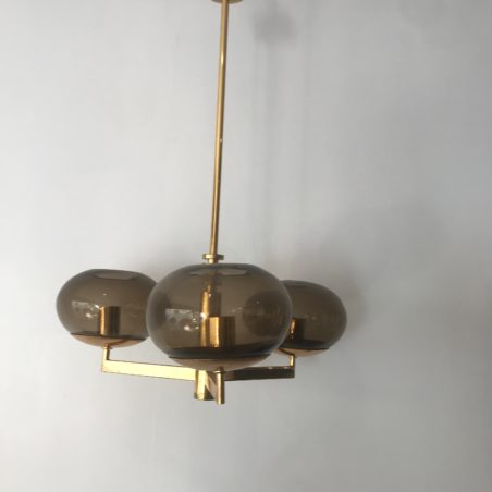 Z Beau Lustre Sciolari métal doré, laiton et globes en verre fumé années 70